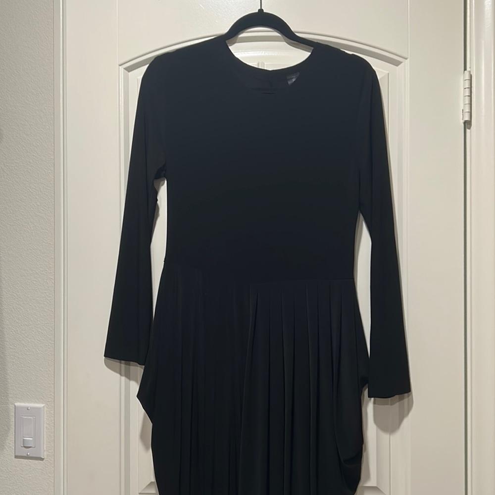 Norma Kamali Black Long Sleeve Draped Handkerchief Pleated Midi Dress